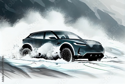 illustration of Electric SUV driving on the snow road  generative ai content by Midjourney