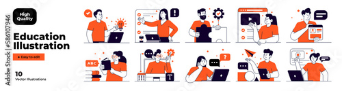 Educational and Self-Development Concept Illustrations. Different people inolved in education process. Concept for trainings, seminars, back to school, online courses. Vector illustration