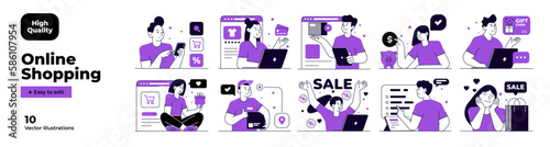 Online shopping and E-commerce concept set. Sale, orders, online payment, delivery, loyalty program. Vector Illustration