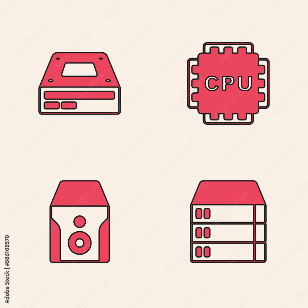 Set Server, Data, Web Hosting, Optical disc drive, Processor with CPU and Uninterruptible power supply icon. Vector Set Server, Data, Web Hosting, Optical disc drive, Processor with CPU and Uninterruptible power supply icon. Vector