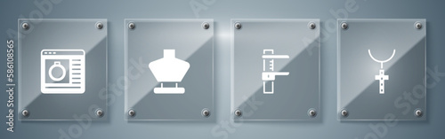 Set Christian cross on chain, Calliper or caliper and scale, Necklace mannequin and Jewelry online shopping. Square glass panels. Vector