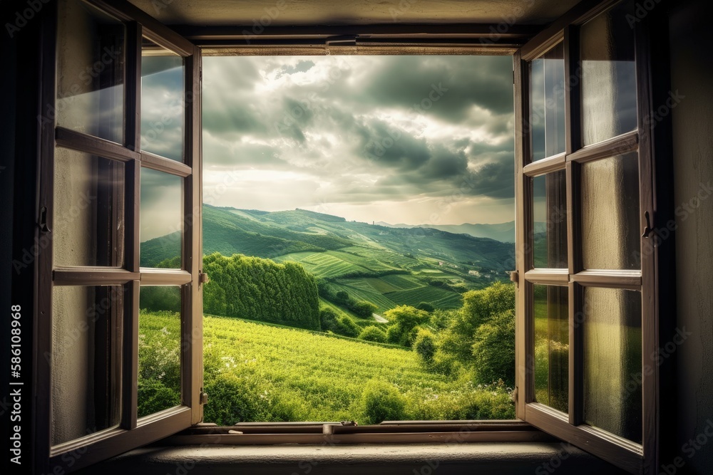 serene view of a countryside field through an open window created with Generative AI technology serene view of a countryside field through an open window created with Generative AI technology