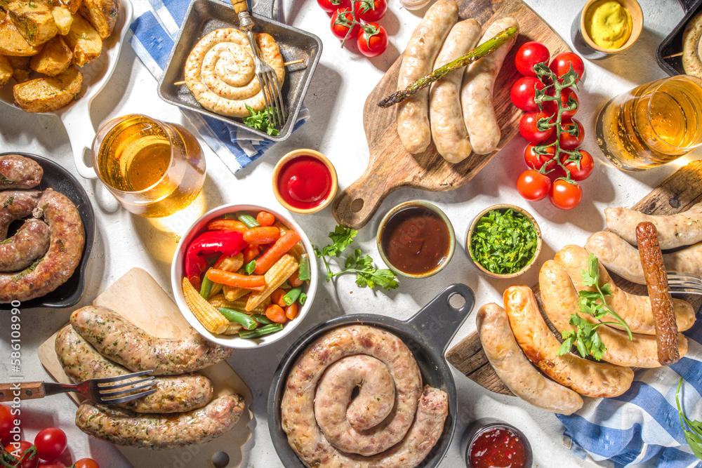 Assortment different fried sausages Assortment different fried sausages