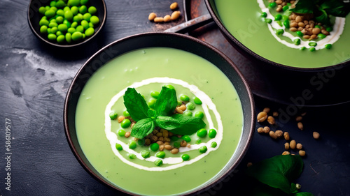 Savory and Healthy: Green Pea Cream Soup with Seeds and Mint Leaves