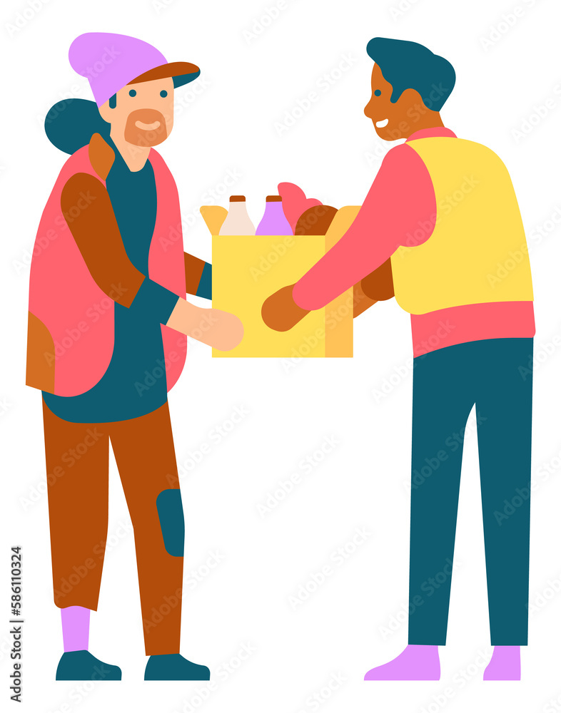 Man giving box to homeless. Volubteer sharing food Man giving box to homeless. Volubteer sharing food