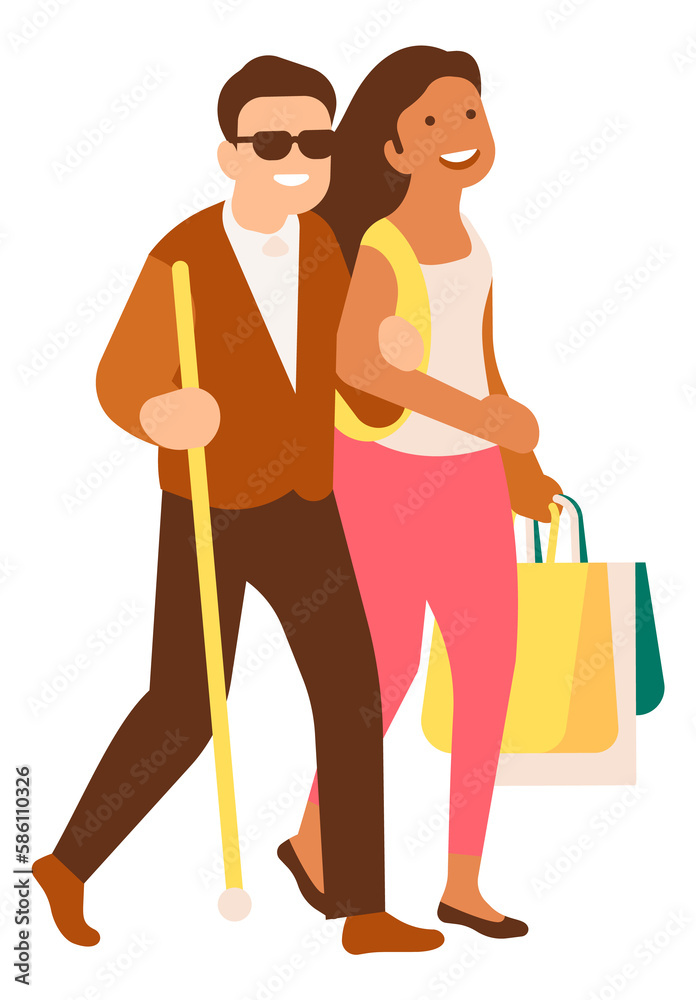 Woman walking with blind man. Girl helping disabled person with groceries Woman walking with blind man. Girl helping disabled person with groceries