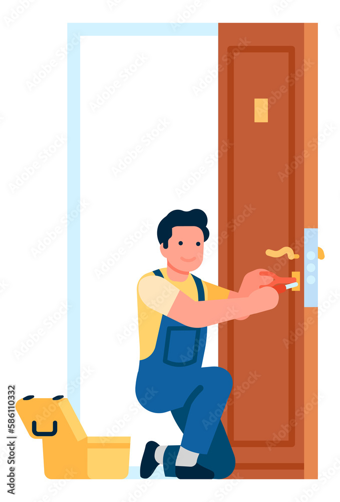 Man fixing door knob. Repairman working with screwdriver and pliers Man fixing door knob. Repairman working with screwdriver and pliers