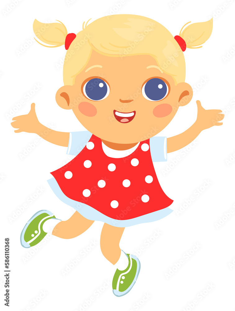 Cute blonde girl smiling. Happy jumping kid. Fun cartoon character Cute blonde girl smiling. Happy jumping kid. Fun cartoon character
