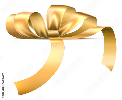 Golden ribbon knot. Side view. Realistic bow for gift box