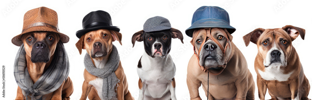 Portrait of a group of dogs disguised in human clothing.. Isolated on white background. Generative AI