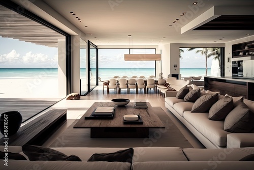 luxe beachfront villa with contemporary and sleek interior, featuring modern fixtures and clean lines, created with generative ai