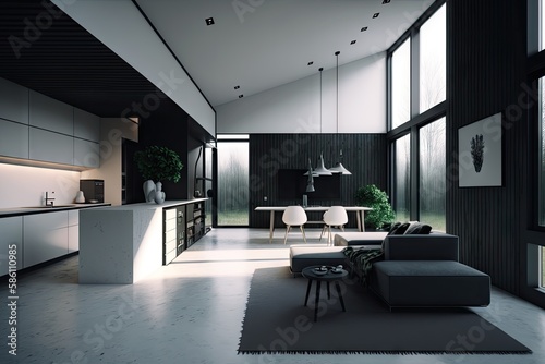 bechfront villa interior with minimalist decor, featuring sleek surfaces and clean lines, created with generative ai photo