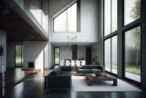 bechfront villa interior with minimalist decor, featuring sleek surfaces and clean lines, created with generative ai photo