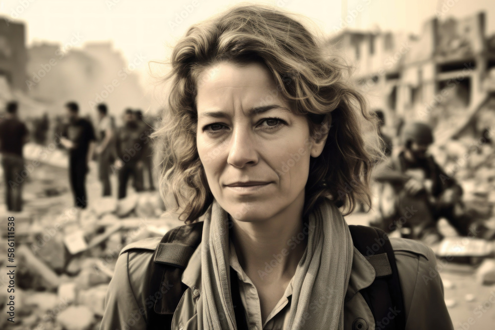 Female War Journalist in War-Torn country, Bearing Witness: A Powerful Collection of War Journalism, Generative AI Female War Journalist in War-Torn country, Bearing Witness: A Powerful Collection of War Journalism, Generative AI