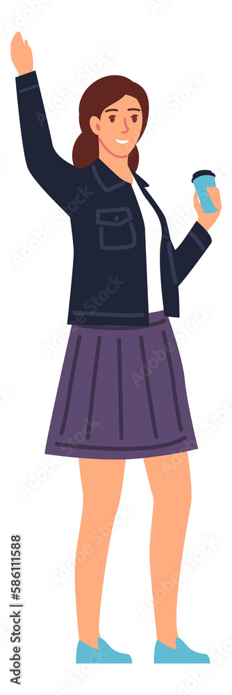 Happy young woman with raised hand. Girl with coffee cup greeting someone Happy young woman with raised hand. Girl with coffee cup greeting someone