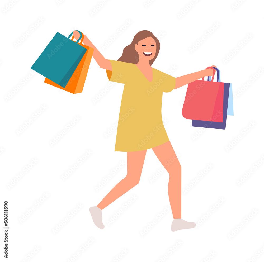 Happy woman with shopping bags. Girl going from big sale Happy woman with shopping bags. Girl going from big sale