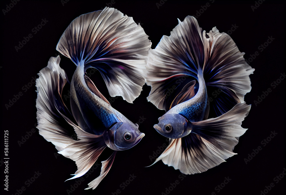 Two beautiful fish with magnificent long tails swim in a circle on a dark background. AI Generated