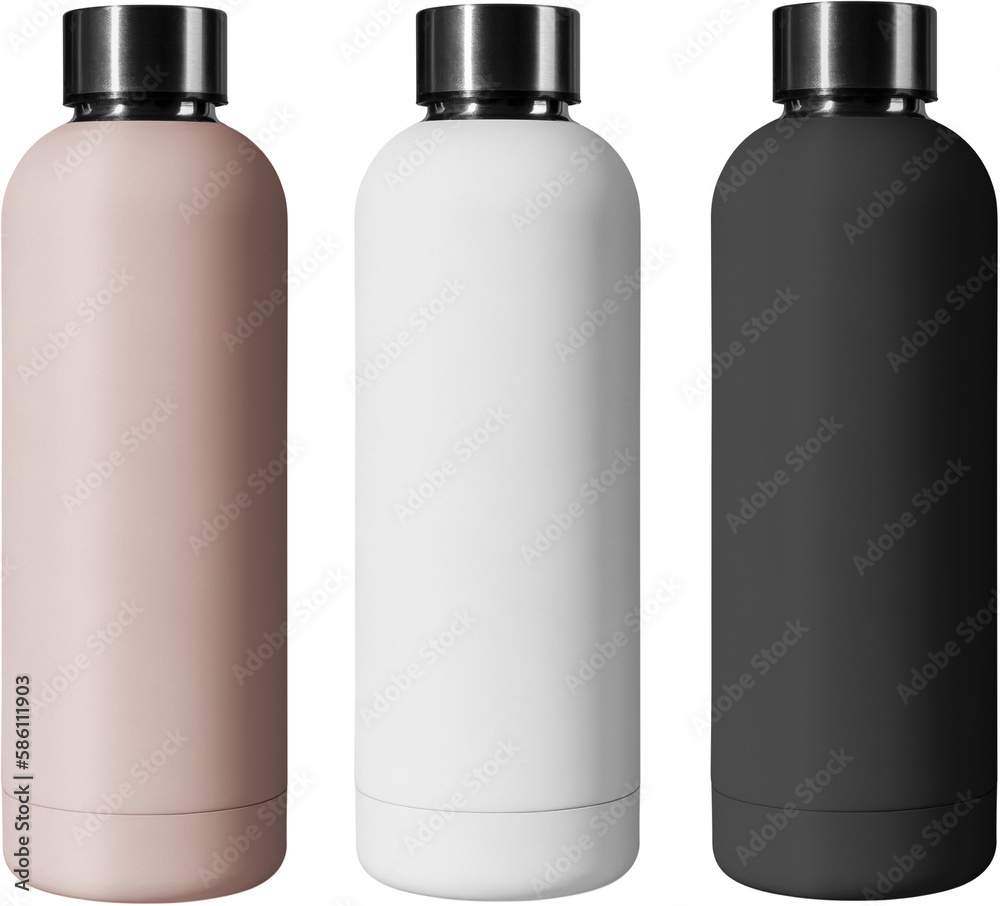Colorful stainless steel bottles on transparent background. Pink, white and black.  - obrazy, fototapety, plakaty 