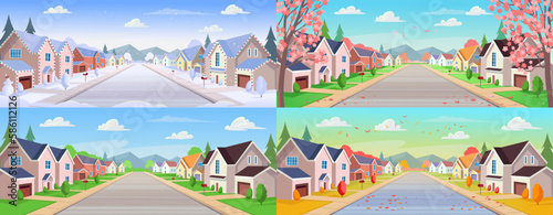 Fotografie, Obraz Suburban houses, street with cottages with garages at different times of the year, winter, spring, summer, autumn