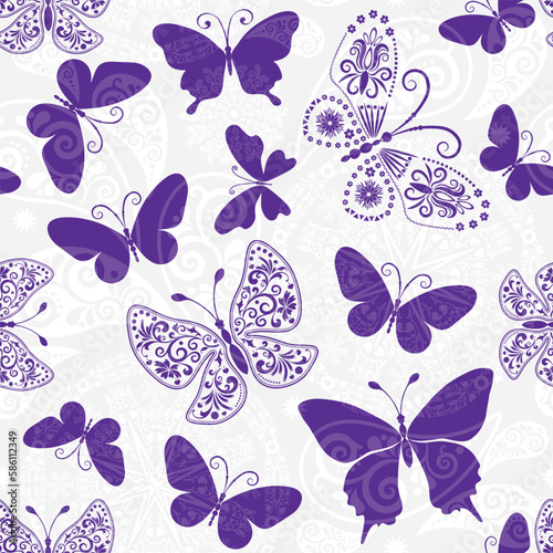 Vector spring seamless pattern with flying purple butterflies