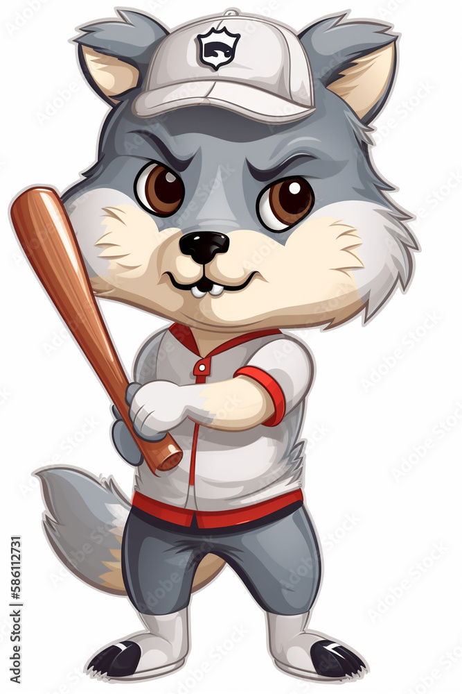 Funny wolf cub in a baseball uniform with a bat in his paw looks forward on a white background. AI Generated Funny wolf cub in a baseball uniform with a bat in his paw looks forward on a white background. AI Generated