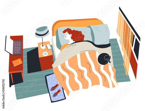 Young girl sleeping in bed with cat, teenager