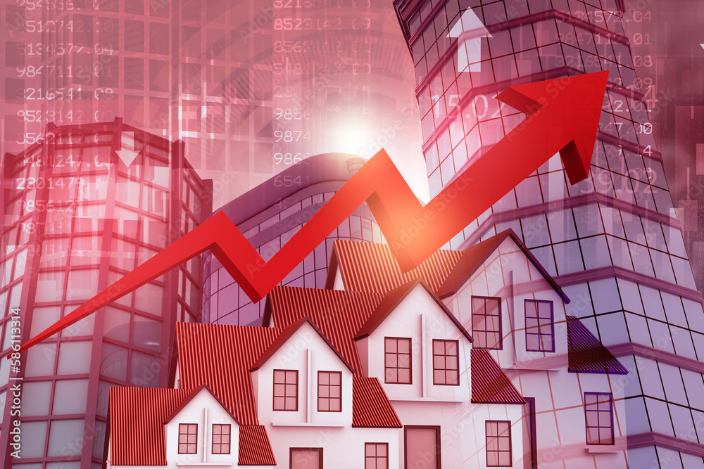 Real estate growth graph chart. Modern building with up arrow graph chart. 3d illustration