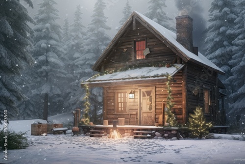 A cozy cabin in the woods surrounded by a blanket Generative AI