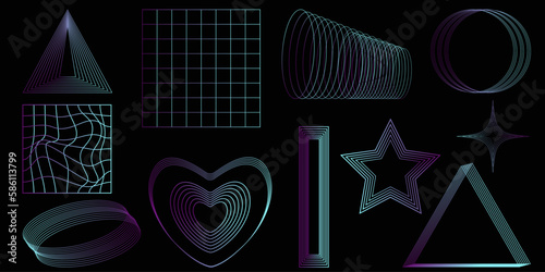 Futuristic design elements. Y2k aesthetic.Shape set y2k style for banner.Shape set y2k style for decoaration.Shape set y2k style for poster. Trendy geometric forms.Simple shapes.Trendy 90s.
