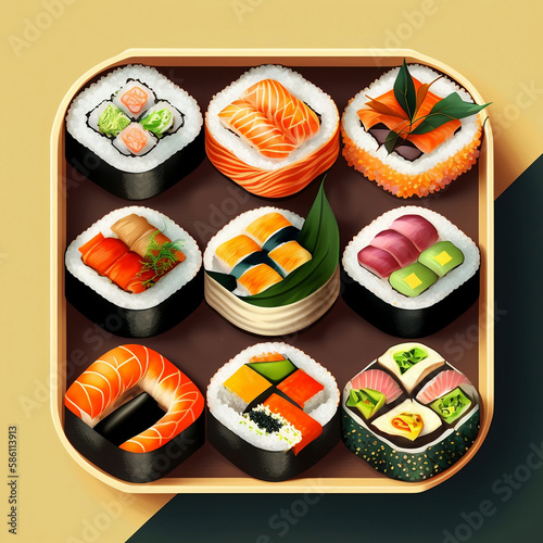 Sushi and rolls. Generative AI.