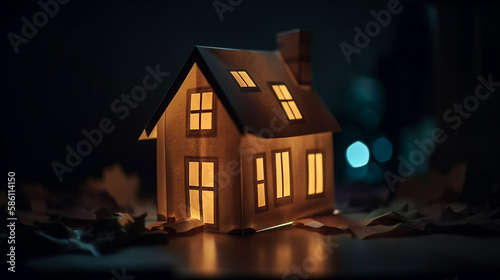 Papercraft Houses with Interior Lights on Representing Dream of Home Ownership - Delicate Paper Homes with Moody Backdrop - Generative AI