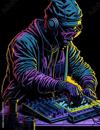 colourful graffiti illustration of dj on mixer - disco music  Splash Art hip hop Style created with  Generative AI 
