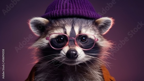 Cute raccoon with glasses and a hat. Cheerful raccoon in glasses and cap, solid purple background. Studio lighting. Generative ai © Bulat