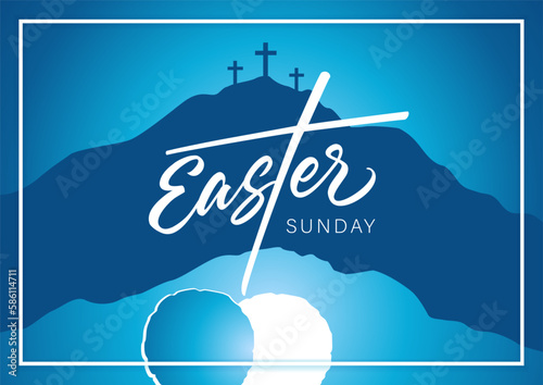 Easter Sunday, Holy week - calligraphy poster. Celebrate the resurrection, poster template with Calvary, crosses and open tomb. He is risen, christian design. Vector illustration