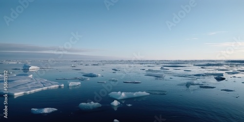 Winter sea landscape with floating ice fragments on still cold water. Generative AI © AngrySun