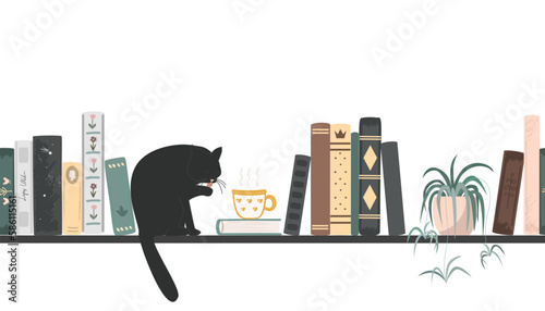 Seamless border of vintage books, cat, and spider plant. Standing books composition isolated on white background. Home library. Vector illustration