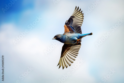 Blue jay flying in the blue sky. Wildlife scene from nature. Generative AI