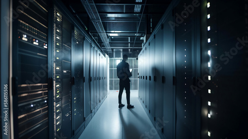 Engineer manager connecting data center on global networking in server room of storage systems and connect of data on internet network business. Generative AI.