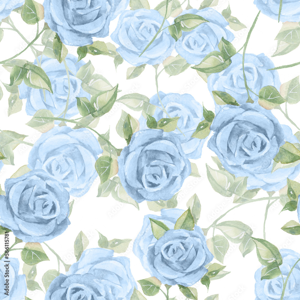 Blue rose flowers. Watercolor floral seamless pattern.