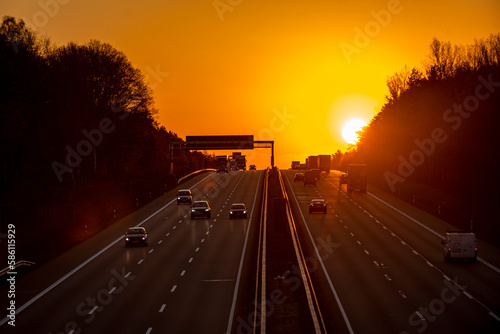 Aerial view of a highway during sunset