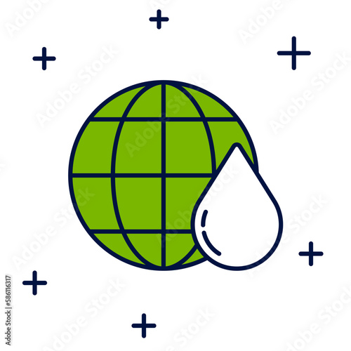 Filled outline Earth planet in water drop icon isolated on white background. World globe. Saving water and world environmental protection. Vector
