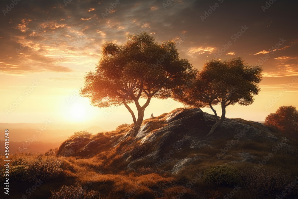 Illustration of two trees standing atop a hill, captured in a painting created with Generative AI technology
