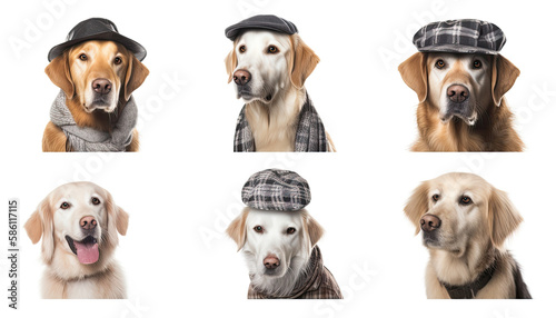 Portriat of golden retriever dog disguised in human clothing on a white background. Generative AI © Farnaces