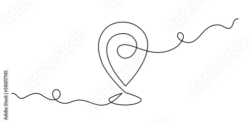 Pointing location at map one line art,hand drawn way destination continuous contour,trendy template direction, gps navigation concept.Editable stroke.Isolated.Vector illustration