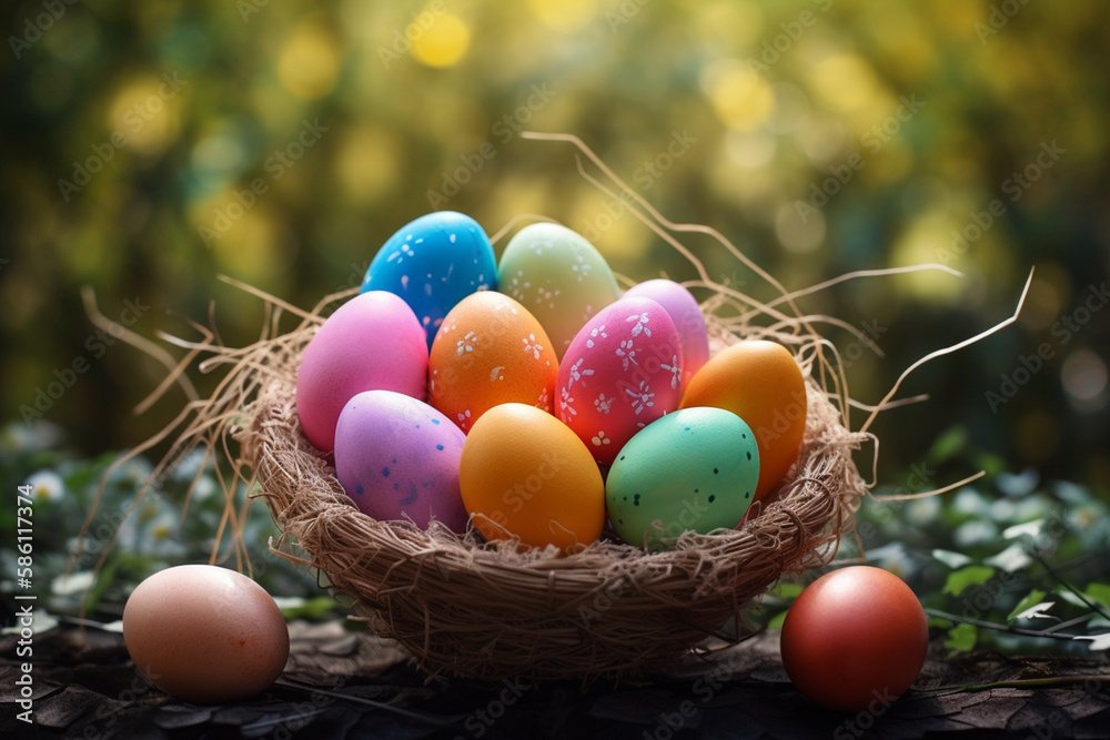 Osternest mit bunten Eiern mit Blumen, generative AI Osternest mit bunten Eiern mit Blumen, generative AI