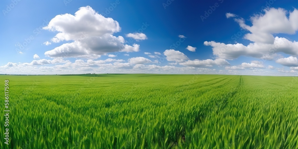 Fototapeta premium Empty green field and blue sky with rare clouds. Generative AI