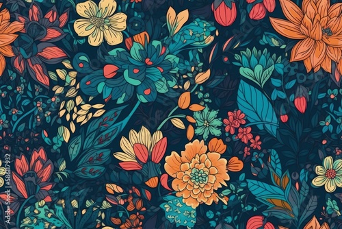 vibrant floral pattern on a blue background created with Generative AI technology