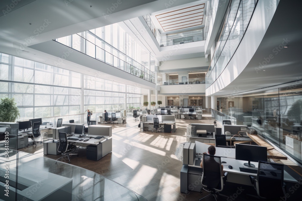 Dynamic Modern Office Space with Windows and Vibrant Atmosphere Dynamic Modern Office Space with Windows and Vibrant Atmosphere