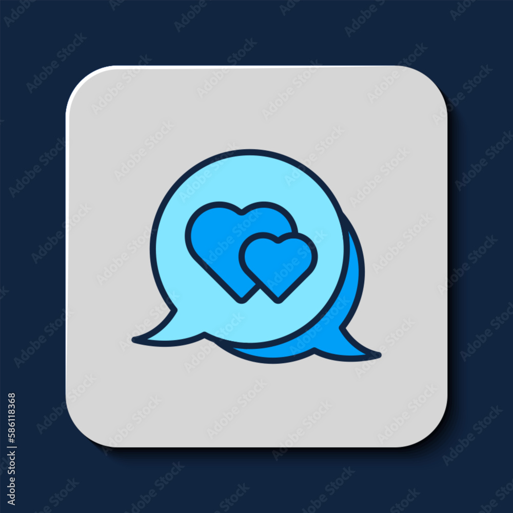 Filled outline Heart in speech bubble icon isolated on blue background. Happy Valentines day. Vector