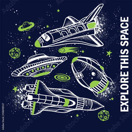 Hand drawnTypography space print with  space rockets, planets, stars. Space background